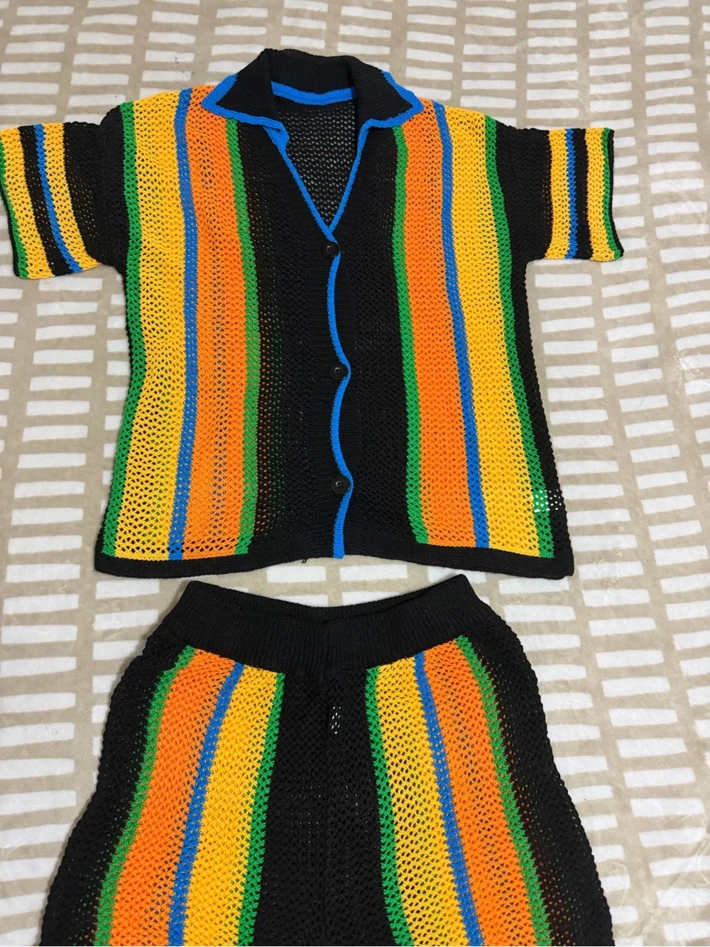 Black Crochet Two-Piece Set with Orange, Yellow, Green & Blue Stripes